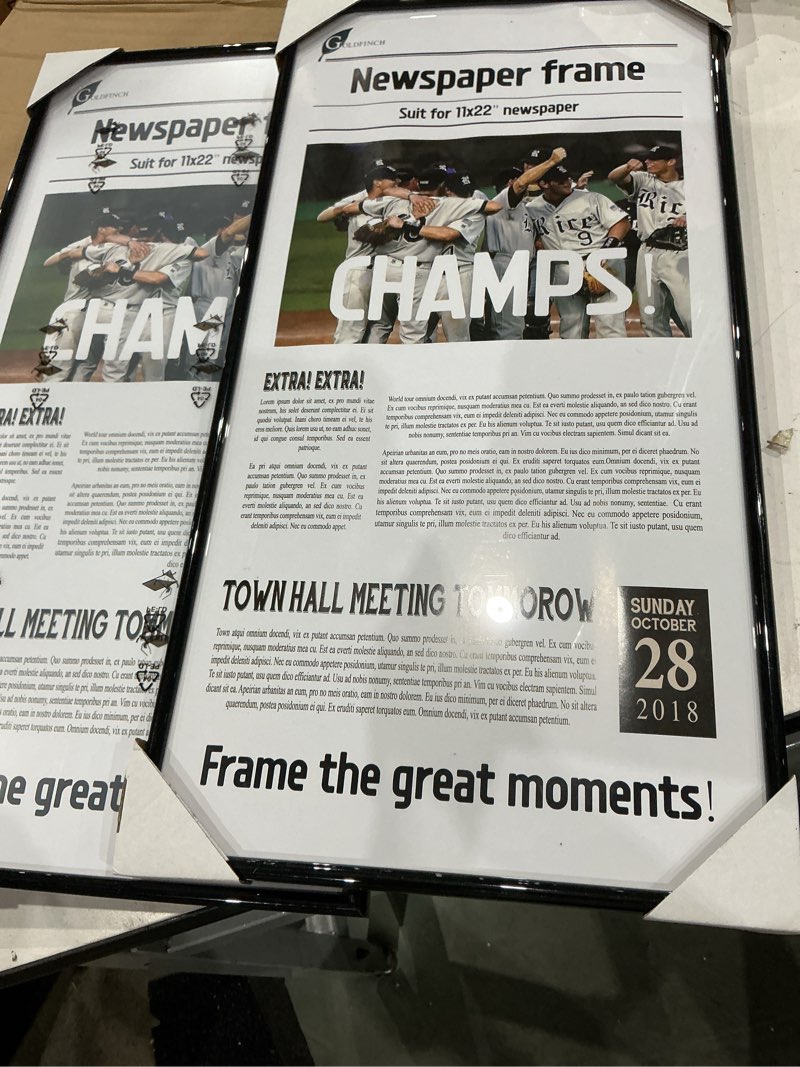 Condition photo showing Good Condition for goldfinch 2 packs, 11x22 newspaper frame to hold assorted media, article cover frame with polished plexiglass, includes installed wall hangers (2, black) black 2