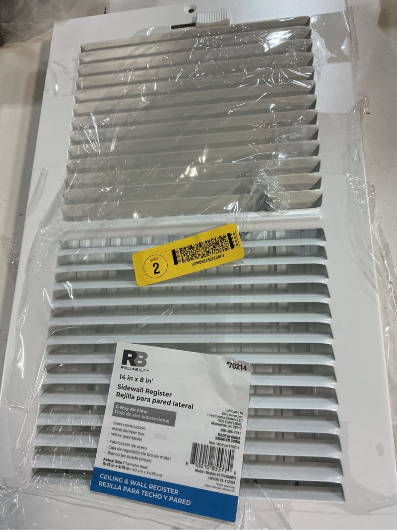 Condition photo showing New/Like New for reliabilt 14-in x 8-in 2-way steel white sidewall/ceiling register