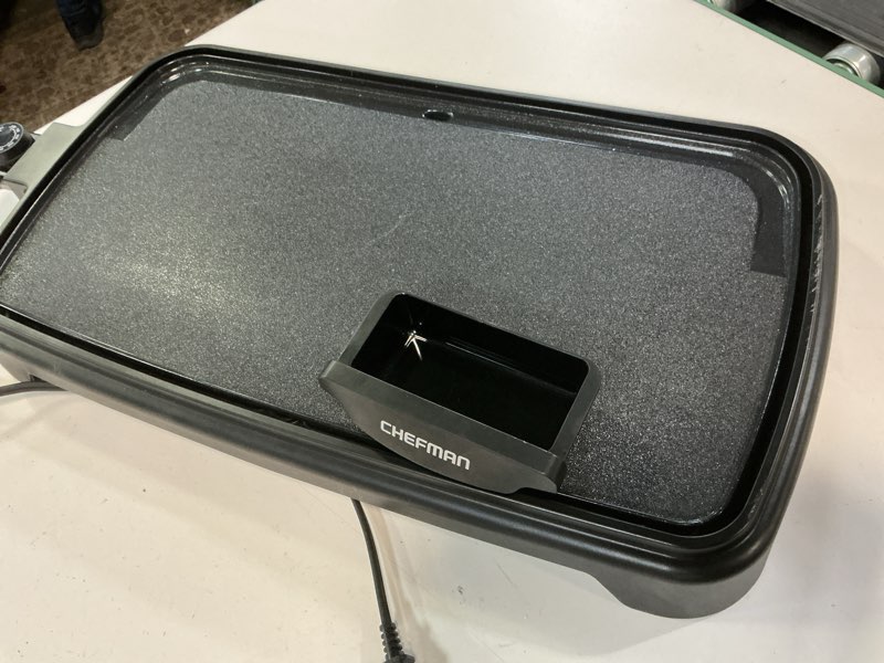 Condition photo showing As Is for chefman xl electric griddle with removable temperature control, immersible flat top grill, burger, eggs, pancake griddle, nonstick extra large cooking surface, slide out drip tray, 10 x 20 inch 10" x 20"