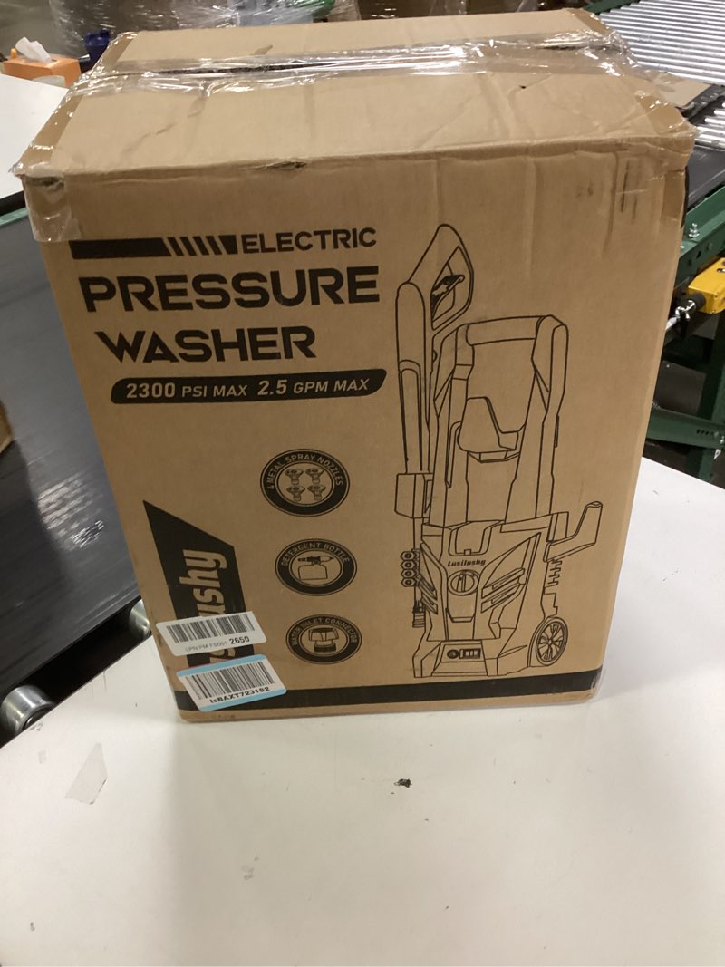 Condition photo showing New/Like New for pressure washer, power washer with 4 nozzles and foam cannon, high pressure cleaning machine for cars, driveways, fences, patios, home cleaning navy blue