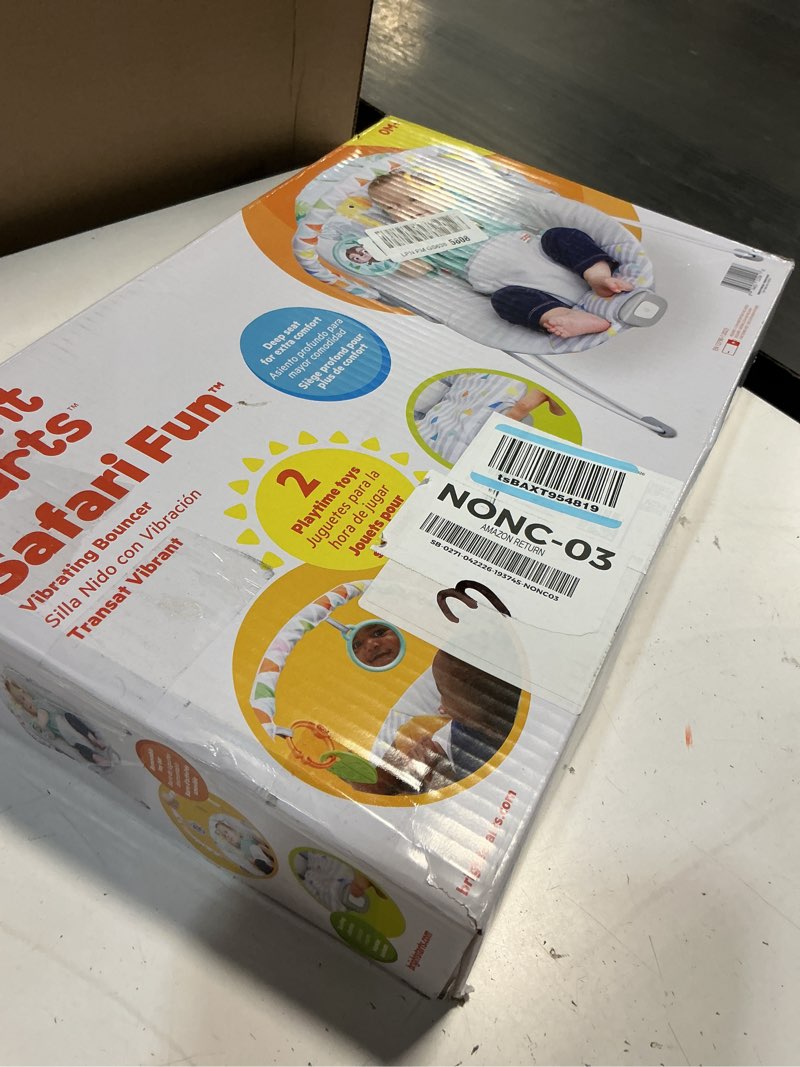 Condition photo showing New/Like New for bright starts baby bouncer soothing vibrations infant seat - removable -toy bar, nonslip feet, 0-6 months up to 20 lbs (safari fun)