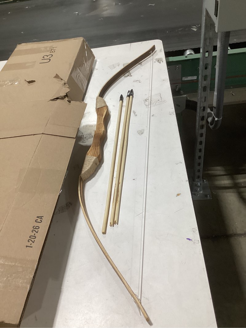Condition photo showing As Is for Youth Wooden Bow and Arrow Set, 40 Inch Handmade Wooden Bow and Arrow Cosplay Costume Prop Archery Set Games Toys, 1 Bows 1 Quivers and 3 Feather Arrows, Gifts for Kids Youth Boys and Girl