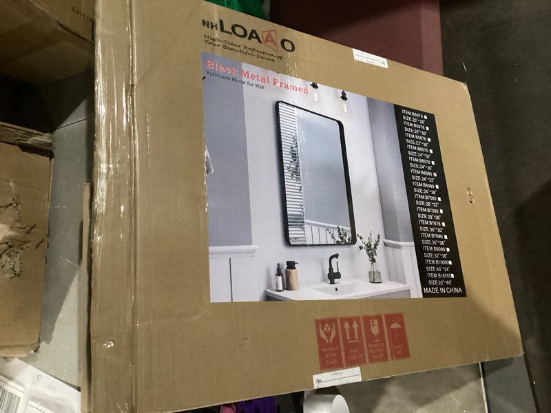 Condition photo showing Good Condition for LOAAO 24X32 Inch Black Metal Framed Bathroom Mirror for Wall, Matte Black Bathroom Vanity Mirror Farmhouse, Large Rounded Rectangle Mirror, Anti-Rust, Hangs Horizontally or Vertically Black 24"L x 32"W