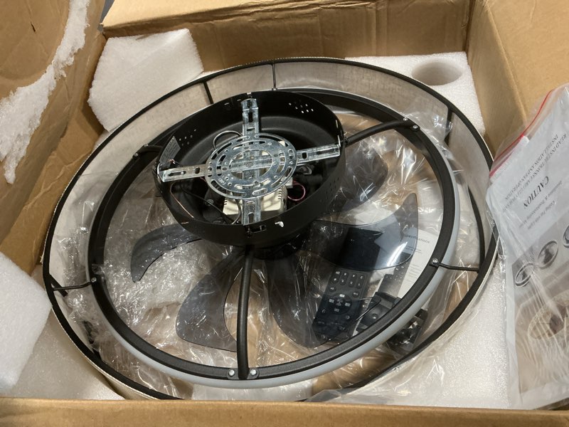 Condition photo showing Good Condition for 19.6" low profile caged ceiling fan with light and remote,flush mount smart fandelier, 6 speed settings, adjustable 3000k-6500k led, bladeless fabric design, modern farmhouse ceiling fans for bedroom yellow