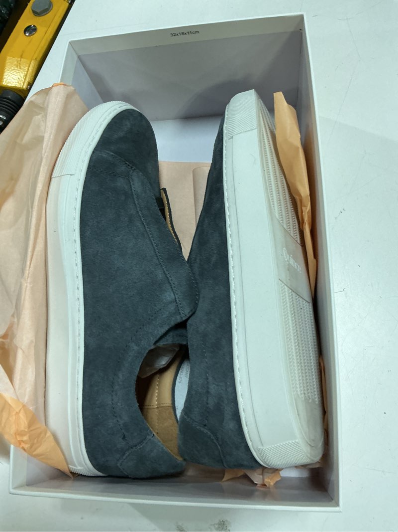 Condition photo showing As Is for quince italian suede tailored sneaker, 9.5, charcoal