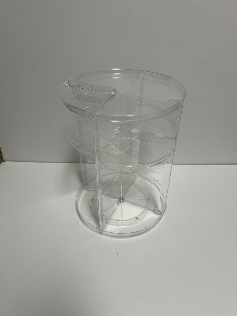 360-degree rotating multi-tier makeup organizer made of transparent plastic