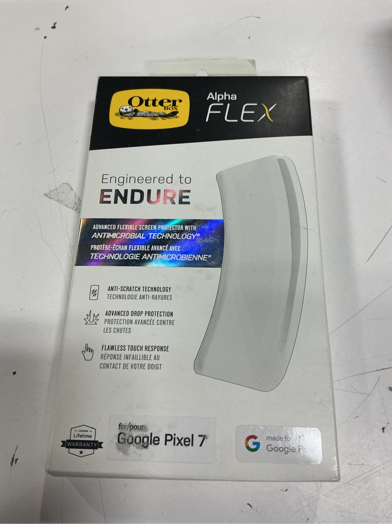 Condition photo showing New/Like New for OtterBox Google Pixel 7 Alpha Flex Antimicrobial Screen Protector - CLEAR, precision fit, crystal clarity, flawless touch response, easy installation Alpha Flex Screen Protector Clear