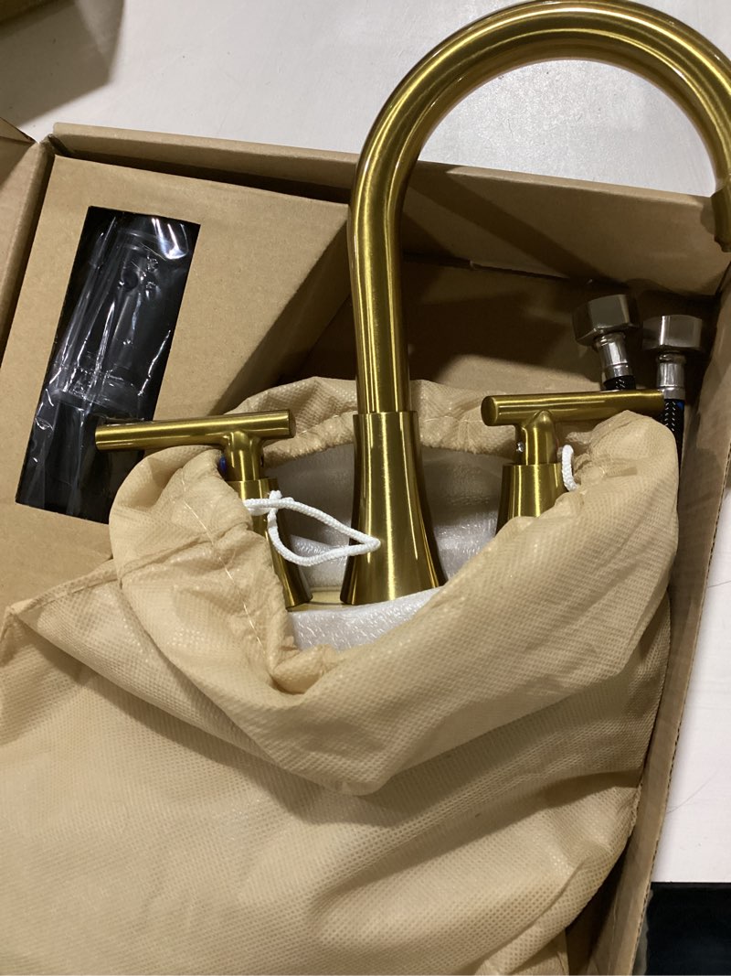 Condition photo showing Good Condition for 4 inch Brushed Gold Bathroom Sink Faucet with Pop-up Drain and 2 Supply Hoses, Stainless Steel Lead-Free 2-Handle Centerset Faucet for Bathroom Sink Vanity RV