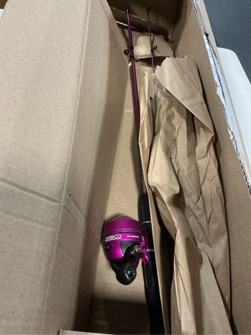 Condition photo showing Good Condition for zebco slingshot spincast reel and fishing rod combo, 2-piece fishing pole, right-hand retrieve, pre-spooled with 10-pound zebco line purple reel&fishing rod combo