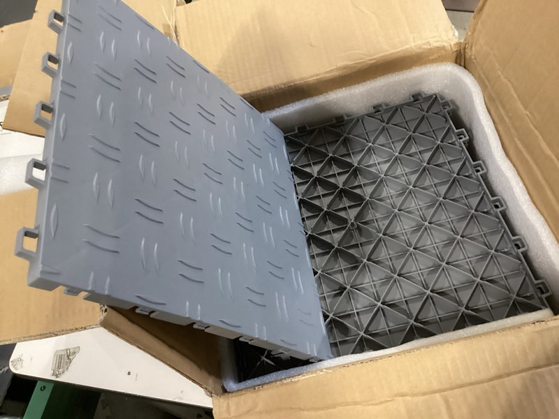 Condition photo showing As Is for vevor garage floor tiles 12 x 12 x 0.53 inch, interlocking design ease of installation double-sided texture non-slip sturdiness, for garages, basements, repair shops