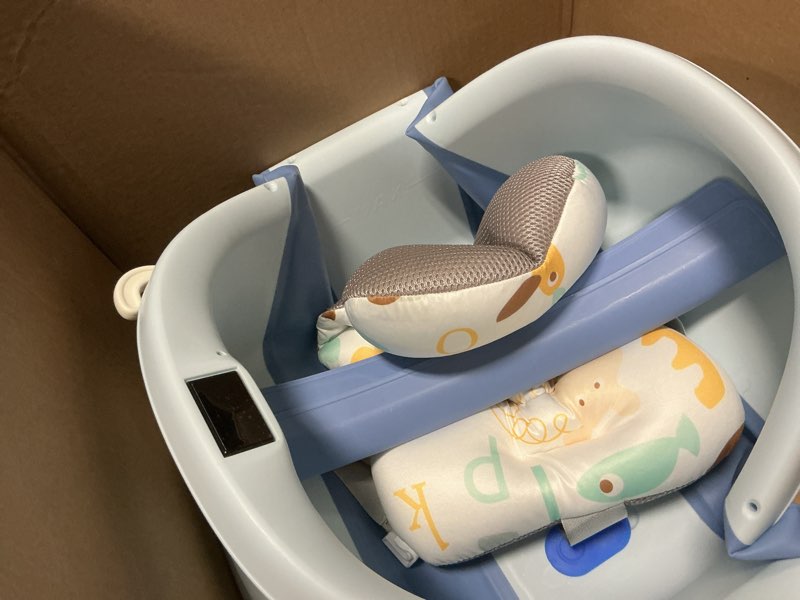 Condition photo showing As Is for Collapsible Baby Bathtub - Large Baby Bath Tub with Thermometer & Cushion | Travel Portable Newborn Infant Bathtub | Foldable Toddler Bathtub for Baby 0 to 36 Months (Blue)