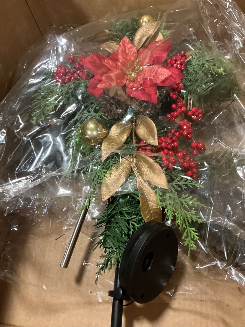 Condition photo showing As Is for 2 Pack 36" Solar Christmas Decorations Outdoor Christmas Cross Stake Lights Waterproof Cemetery Grave Decoration Faux Poinsettia Pine Cones Berries Ornament Stakes for Garden Yard Patio Lawn Cemetery Poinsettia 2