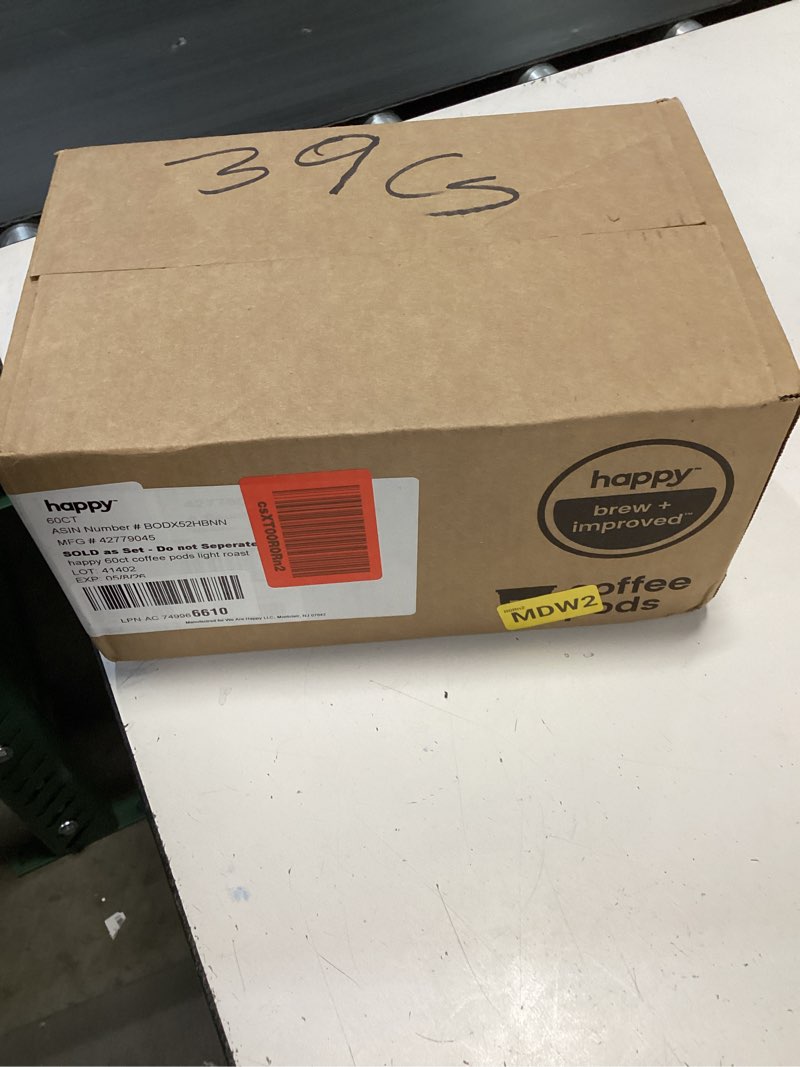 Condition photo showing New/Like New for (exp:05-8-2026) happy coffee light roast coffee pods, 60 count, notes of toasted biscotti and levity, compatible with most k-cup brewers, rainforest alliance certified