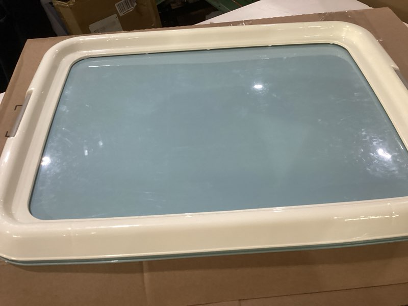 Condition photo showing Good Condition for iris usa pee pad holder - for small sized dog and puppy pee pads, secured latches, non-skid feet, high polish finish for easy cleaning, leak protection, fits 17"x23" pad, blue 17" x 23" blue