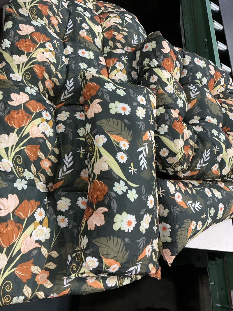 Condition photo showing Good Condition for wicker chair cushions of 5 pieces, waterproof outdoor loveseat cushion for wicker furniture, 1 love seat cushion, 2 u-shape and 2 lumbar pillows for patio furniture (black flower) black flower patio furniture cushions