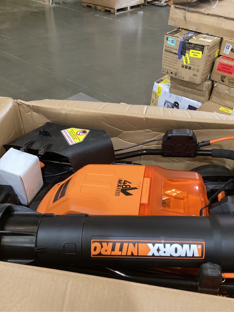 Condition photo showing As Is for lawnmaster clmf4819x 19-inch brushless cordless lawn mower with 2x24v max 4.0ah battery and a dual charger 6 cutting position cordless 19inch