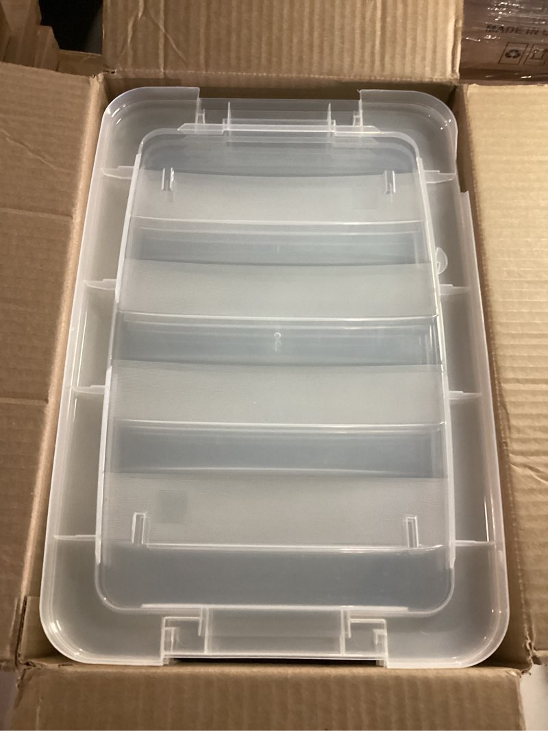 Condition photo showing As Is for (Minor damage)IRIS USA 4-Pack Storage Bins with Lids, 13 Quart, Made in USA Stackable See-Through Organizing Solution Latches Durable Nestable Containers Secure Pull Handle, BPA-Free Plastic Clear 13 Qt 4 Pack
