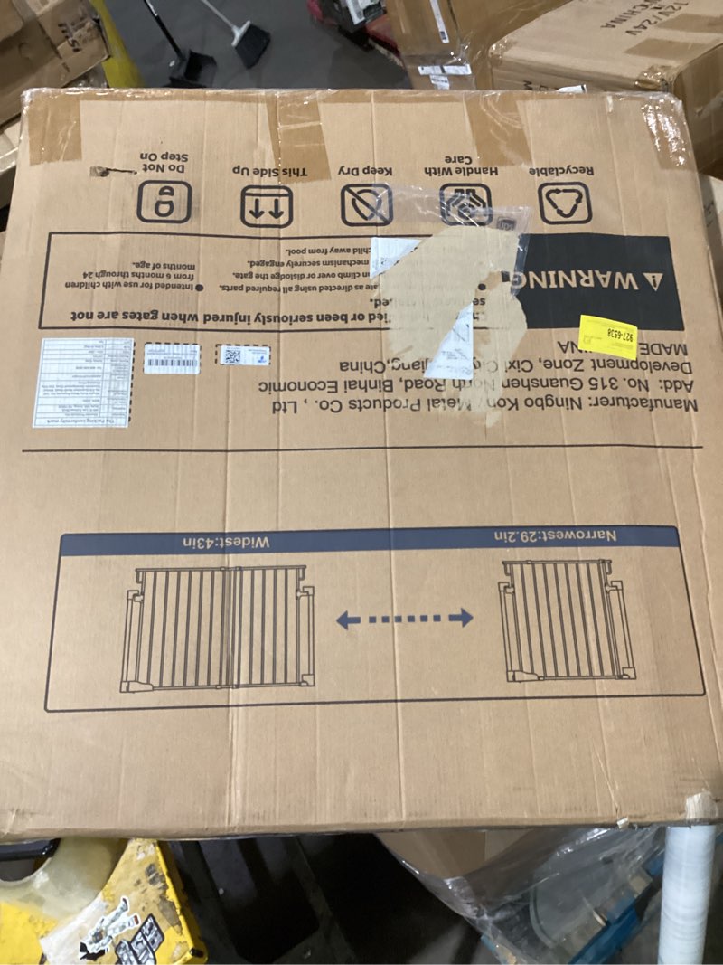 Condition photo showing As Is for cumbor 29.2–43" baby gate for stairs, wall-mounted (drill required), expandable no bottom bar dog gate, auto close extra wide walk thru, pet & toddler proof gate, top & bottom of stairways (brown) brown 29.2-43"w x 28"h | hardware mount