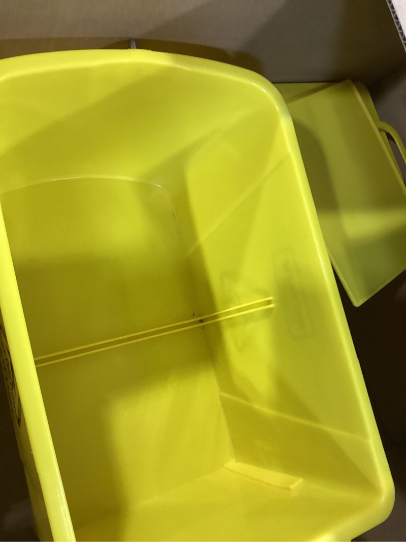 Condition photo showing As Is for matthew cleaning 22 quart compact mop bucket incl.2 pack mop head with side press wringer on wheels,tandem portable floor cleaning wavebrake,ideal for household,industrial,restaurant,janitorial use yellow 22 quart