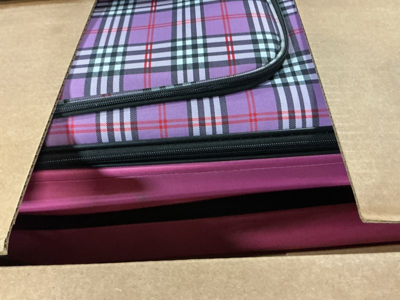 Condition photo showing As Is for rockland fashion softside upright luggage set, pink plaid, 4-piece set (14/19/24/28) 4 piece (28"/24"/19"/14" tote) pink cross