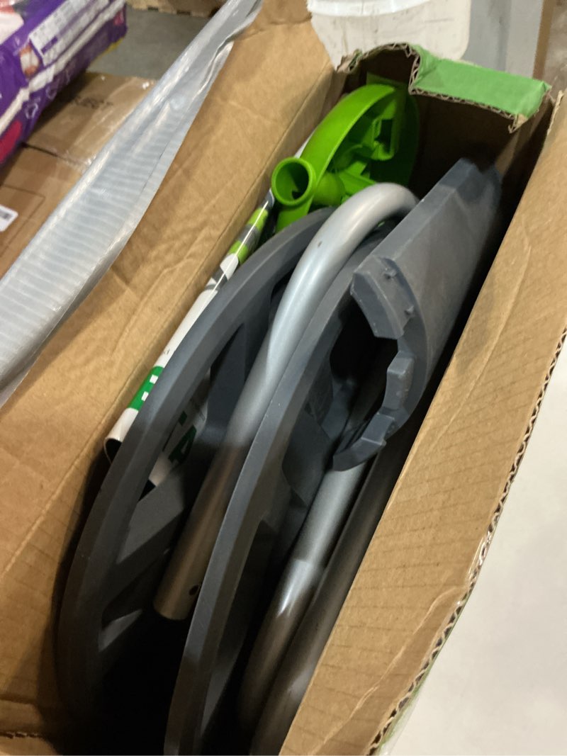 Condition photo showing As Is for water hose reel cart, holds 60-80 ft of 5/8 inch hose, green wall mounted garden hose cart, portable hose reel for convenient storage and watering