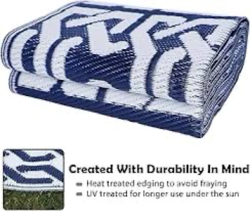 10 x20 reversible mats, plastic straw rug, modern area rug, large floor mat rug for outdoors, rv, patio, backyard, deck, picnic, beach, trailer, camping, dark blue & white
