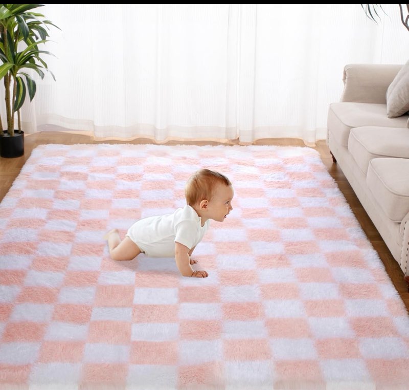 Super Soft Rug for Bedroom, 5x7 Ft Pink and White Area Rug Classic Checkered Shaggy Rug Anti-Skid High Pile Soft Fluffy Rug Fuzzy Carpet for Living Room Bedroom Kids Room Nursery, Dorm Home Decor Pink and White 5x7Feet