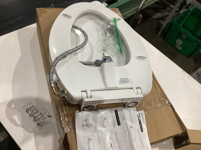 Condition photo showing As Is for elongated bidet toilet seat with quiet-close, non-electric bidet mode with dual nozzles, fit elongated toilet seat, adjustable water pressure with brass inlet (elongated)