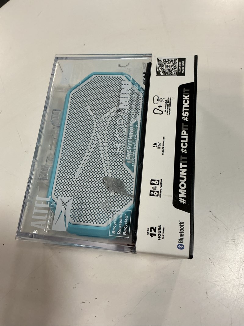 Condition photo showing As Is for altec lansing hydramini 2.0 everythingproof magnetic wireless portable bluetooth speaker, aqua white, imw1002-aqwt