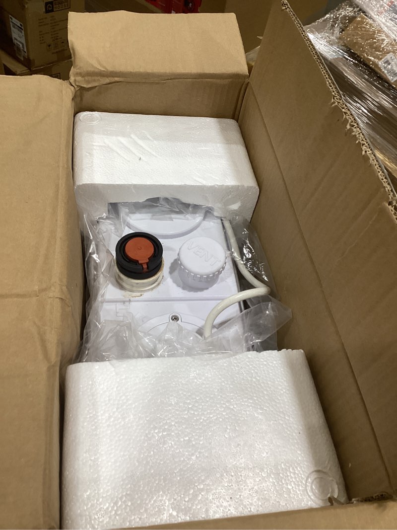 Condition photo showing As Is for 1.2hp macerator pump with pcb function toilet pump utility sink pump upflush to 32.8ft 2500gph macerating toilet system with 4 water inlets 1 outlets for toilet sink shower laundry kitchen basement pure white