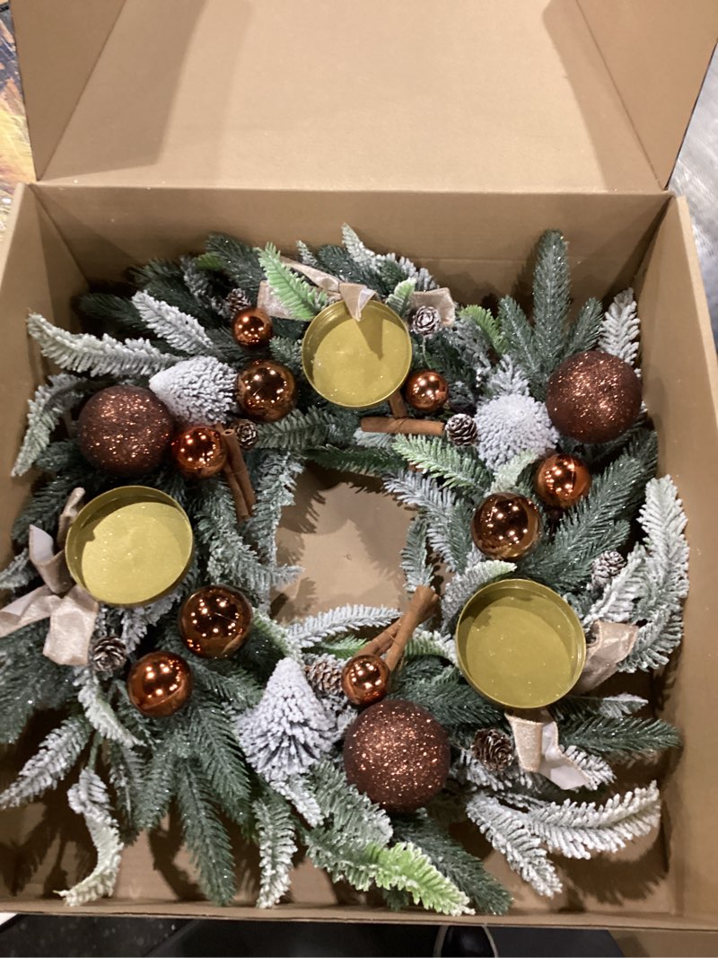 Condition photo showing New/Like New for Large Christmas Dining Table Centerpiece Wreath Decoration, 3 Arms Christmas Candlestick Wreath Arrangement for Home Indoor Dining Room Kithchen Decor, 28 Inch Diameter