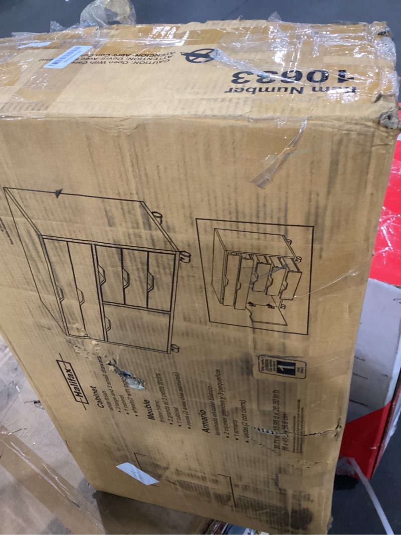 Condition photo showing As Is for Winsome Halifax 3-Section Mobile Cabinet with 5 Drawers, for Living Room, Home Office, White 1 Door, 3 Drawers, 2 Wide Drawers White