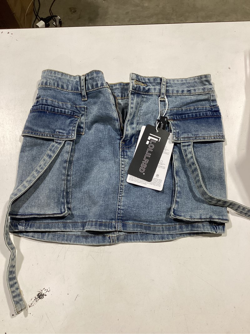 Condition photo showing Good Condition for lolilrsd women cargo skirt denim mini low waist y2k jean skirts with pockets medium light wash