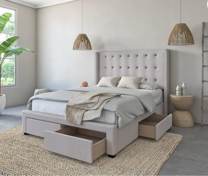 (Incomplete only wing)(box 4 of 6)DG Casa Savoy Tufted Upholstered Wingback Panel Storage Bed Frame, Queen Size in Oat white Fabri