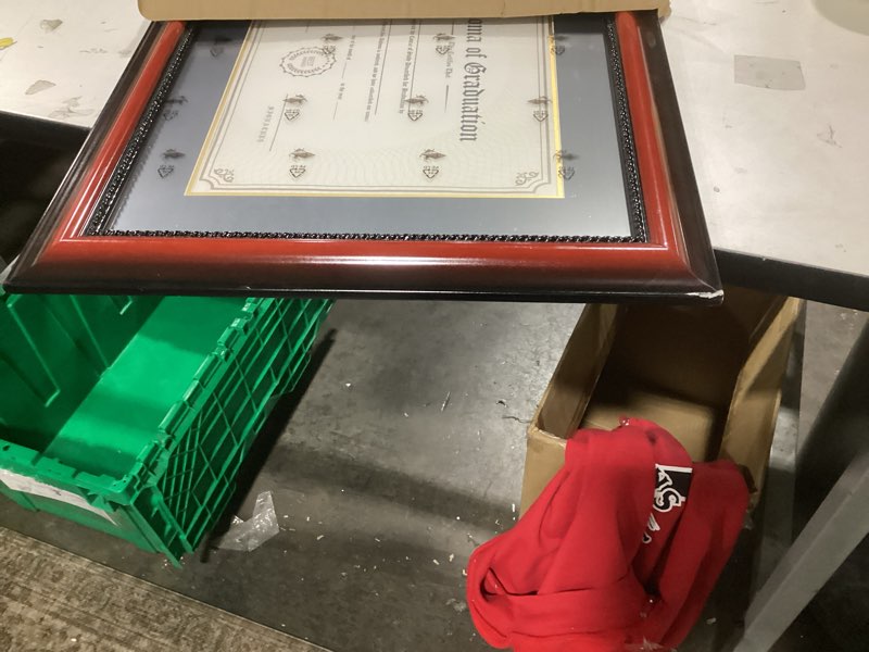 Condition photo showing As Is for GMFrames 11x14 Diploma Degree Frame with Mat or Display 15x18 Certificates without Mat,Solid Wood,Cherry Finish with Intricate Black Rope Detail,UV Protection Acrylic Cherry 15x18 for 11x14 with Mat