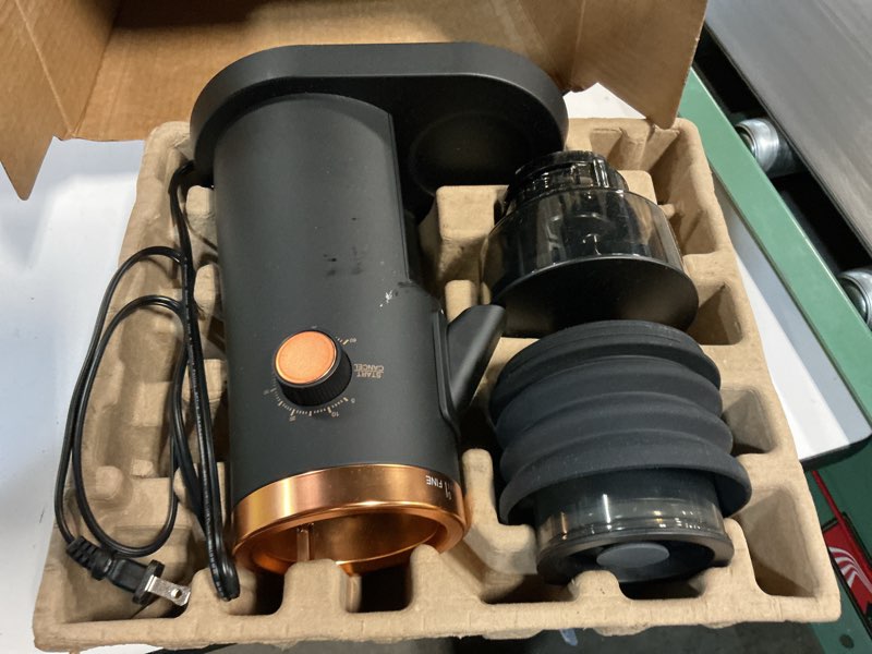 Condition photo showing As Is for amzchef single dose coffee grinder – 75 settings burr grinder, 40mm conical burr, anti-static & low-retention design, quiet dc motor with magnetic outlet & vacuum dosing cup for espresso, french press 75 grind settings