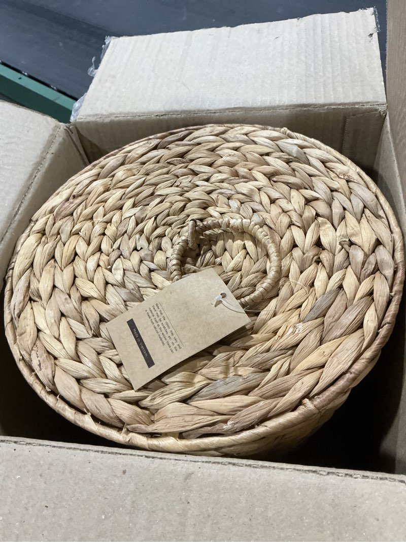 Condition photo showing As Is for 3 Gallon Wicker Trash Can with Lid and Liner - Rattan Trash Can - Wicker Waste Basket for Bathroom, Bedroom, Kitchen, Living Room