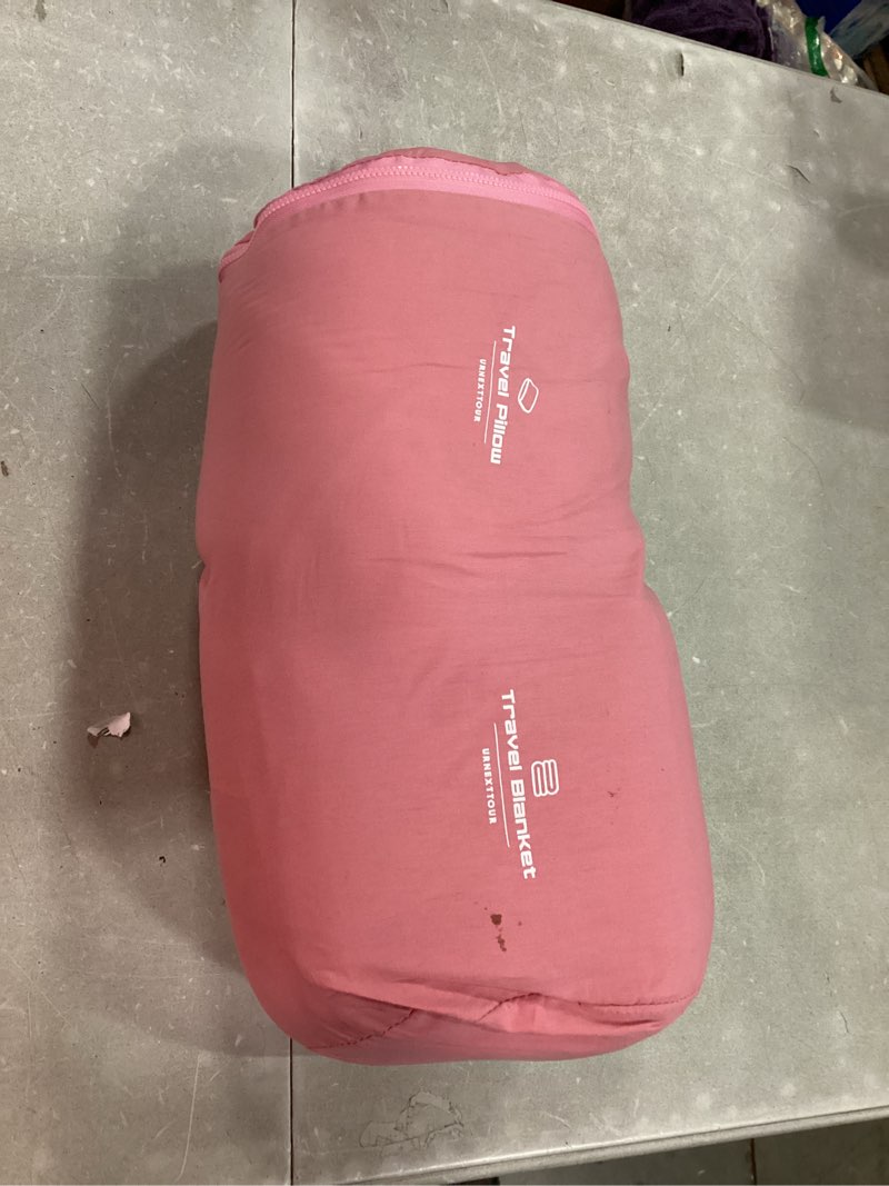 Condition photo showing Good Condition for 4-in-1 travel pillow & blanket set with eye mask, memory foam neck support, 50x65 inch blanket, storage bag for airplane, car, train, home travel pink
