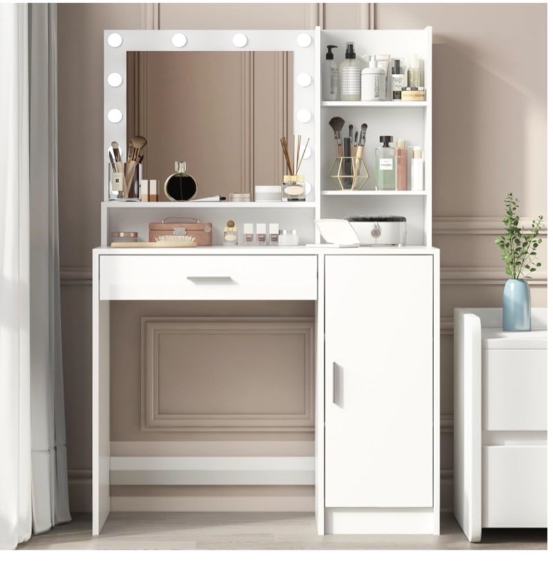 palimder vanity desk with mirror and light, large drawer and three level storage dresser, 3 lighting modes adjustable brightness, bedroom dressing table (white)