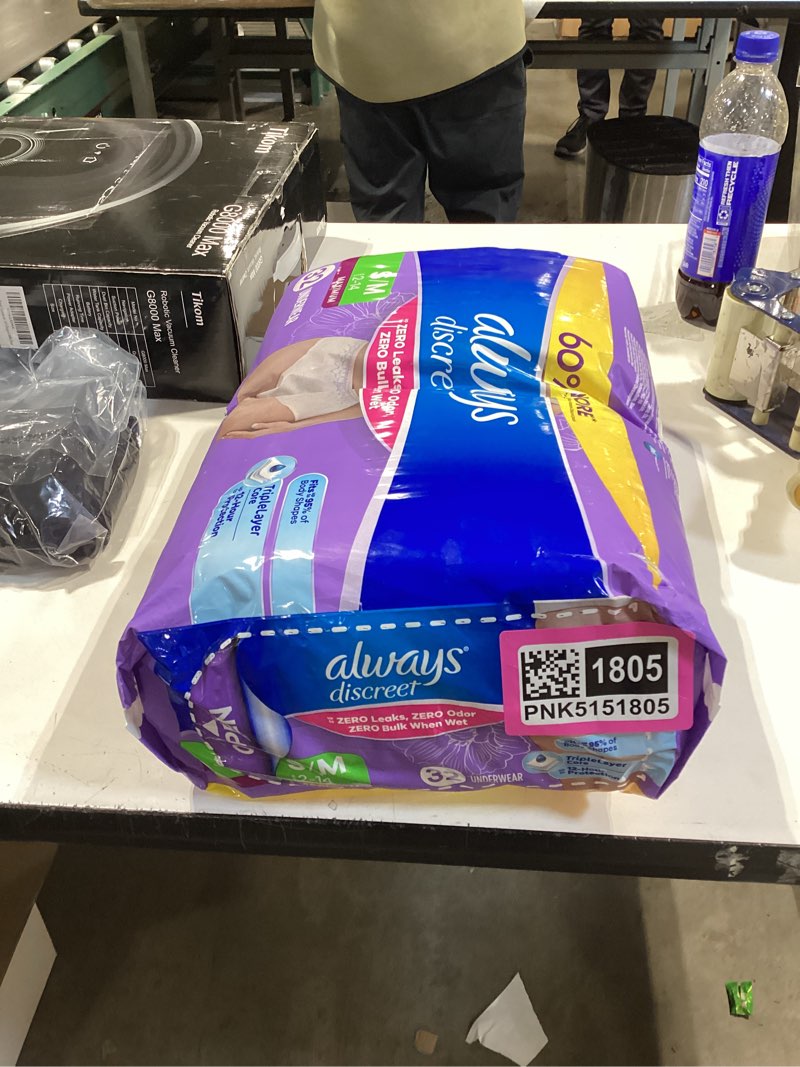 Condition photo showing New/Like New for always discreet adult diapers for women, incontinence underwear, postpartum essentials, disposable briefs, max absorbency, bladder leak protection, small/medium, 32ct small/medium 32