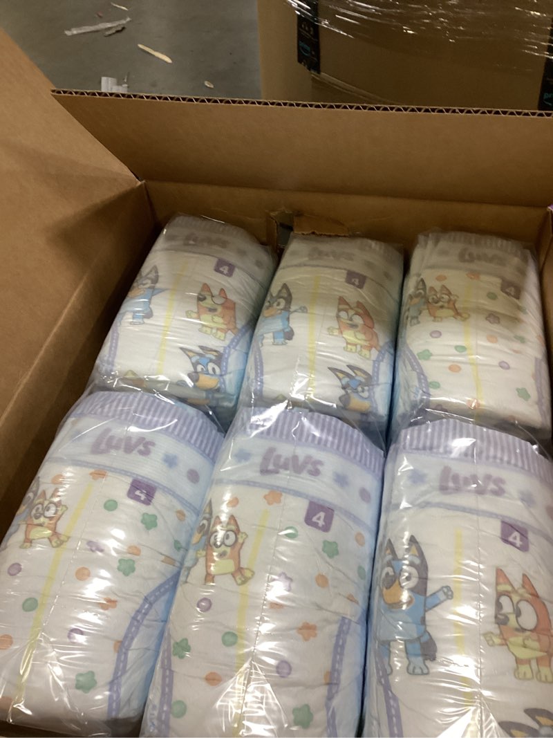 Condition photo showing New/Like New for (Size 4)Luvs Size 4 Baby Diapers, Platinum Protection Bluey Diapers for Day & Night, Size 4, 198 Count (Packaging May Vary) Size 4 198