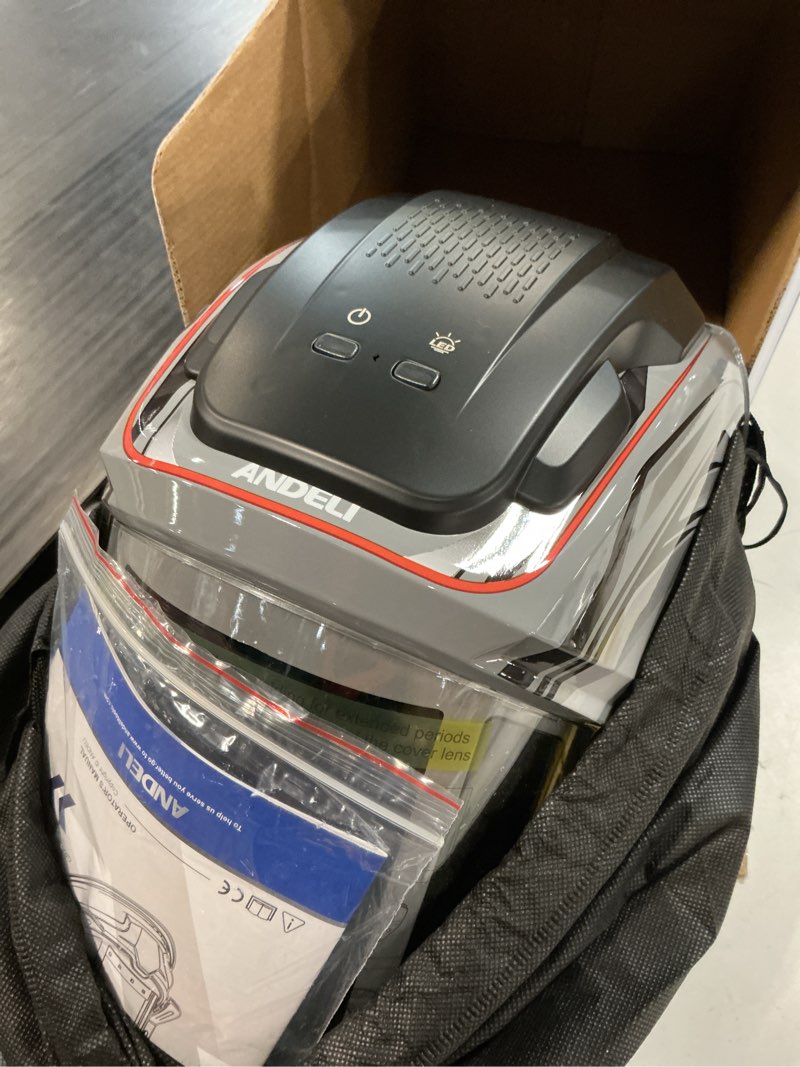 Condition photo showing Good Condition for andeli welding helmet with 4 led light, panoramic large viewing screen 3.94"x3.74" true color auto darkening welding helmet, 6 arc sensor wide shade 4/5-9/9-13 welder mask type-c charging moner led pro