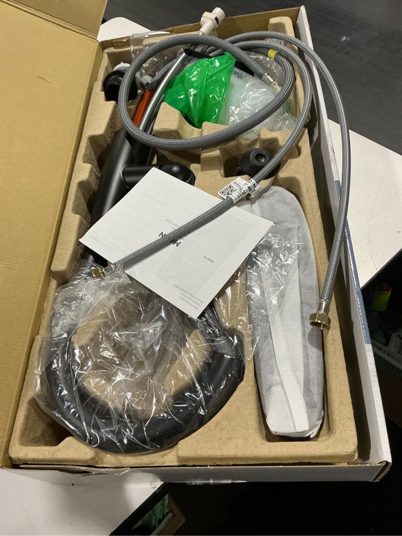 Condition photo showing Good Condition for moen essie matte black single handle pull-down sprayer kitchen faucet with soap dispenser, reflex and power clean technology, 87014bl matte black standard