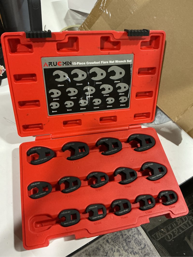 Condition photo showing Good Condition for 3/8" and 1/2" drive crowfoot flare nut wrench set, 15-piece 8-24mm metric crows foot wrench set chromium molybdenum steel with organizer box 15-piece 8-24 mm