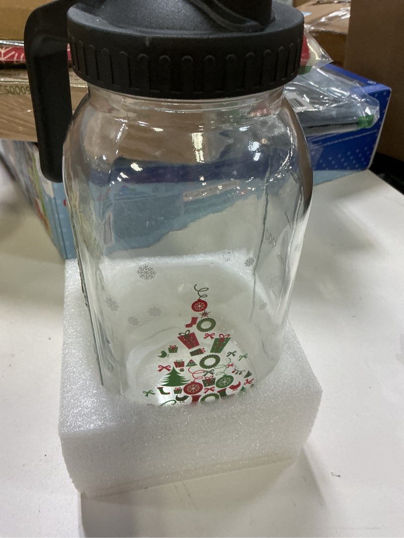 Condition photo showing Good Condition for Breast Milk Pitcher Glass Pitcher with Lid, 64 oz 2 Quart Mason Jar Pitchers with Lid and Spout, Wide Mouth Glass Jug Sun Tea Pitchers, Cold Brew Coffee pitcher, Fridge Container for Water-Christmas 64 Ounces Christmas tree