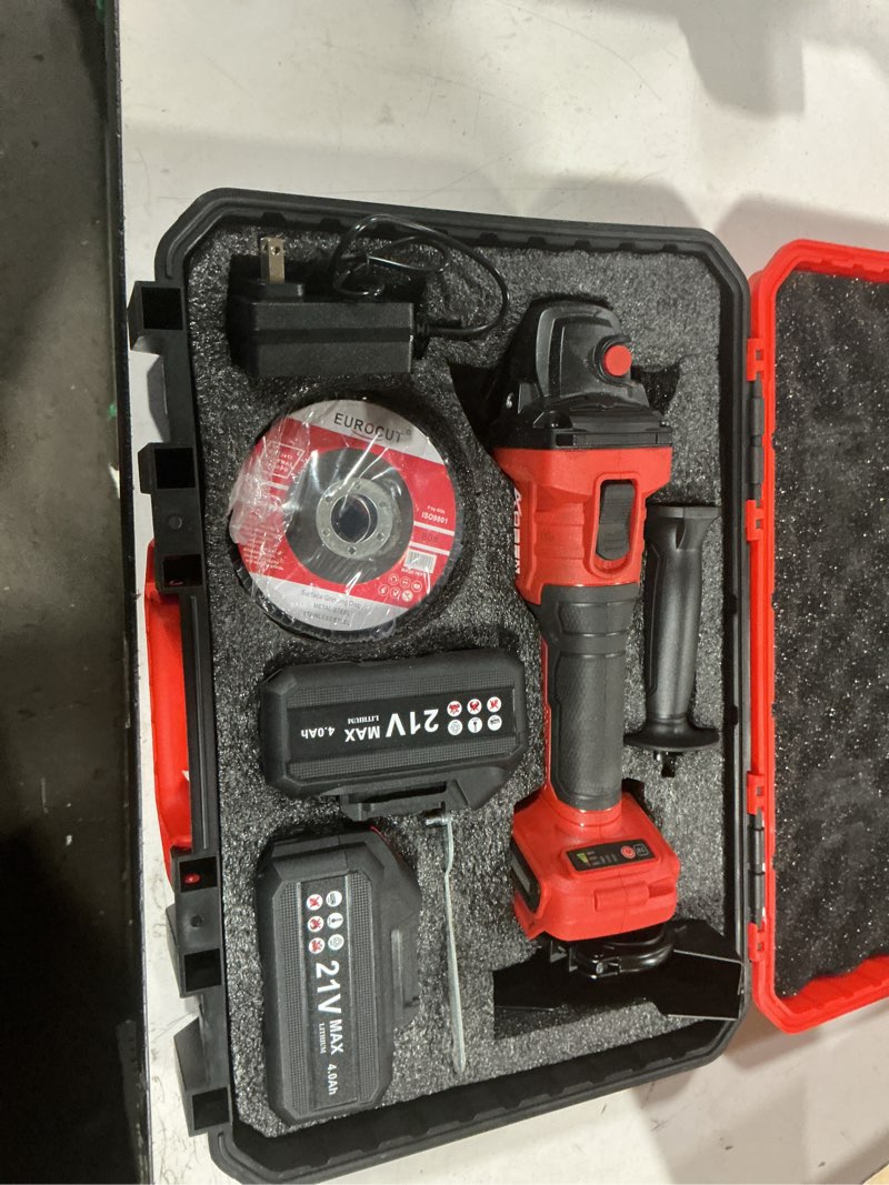Condition photo showing As Is for aoben cordless angle grinder 4-1/2 inch, 21v battery grinder tool, power electric grinders, brushless motor, 2x4.0ah battery & charger, for cutting, grinding, polishing