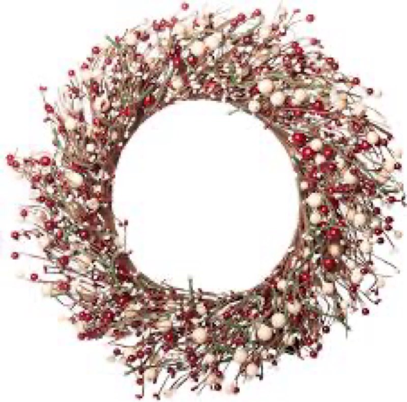 Red Co. 22” Light-Up Christmas Wreath with Red and Cream Pip Berries, Battery-Operated LED Lights wi
