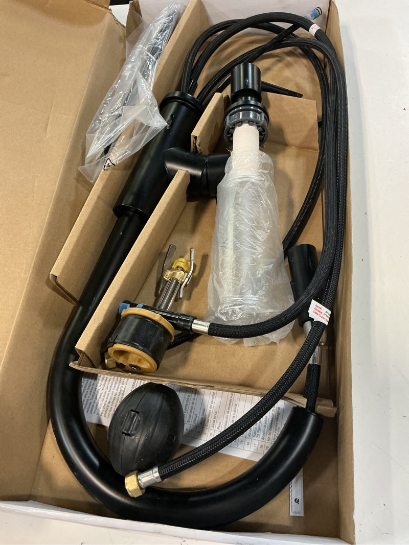 Condition photo showing As Is for allen + roth harlow matte black single handle pull-down kitchen faucet with sprayer (deck plate and soap dispenser included)