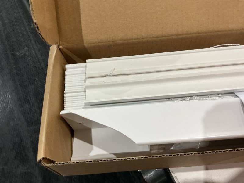 Condition photo showing As Is for (damaged )allen + roth trim at home 2-in slat width 23-in x 42-in cordless white faux wood room darkening horizontal blinds
