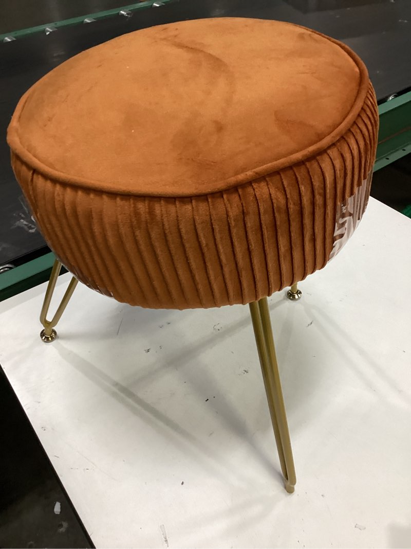 Condition photo showing As Is for ibuyke velvet round footrest stool ottoman, makeup vanity stool side table, velvet dressing table seat, pouf couch stool, golden steel legs, orange lg-30j without storage orange